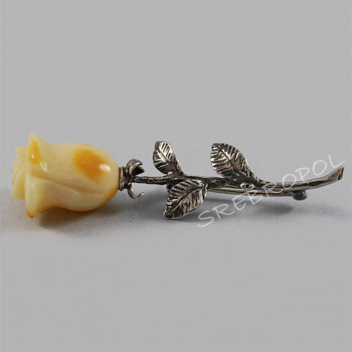 Broszka srebrna róża z bursztynem BR1 29/0