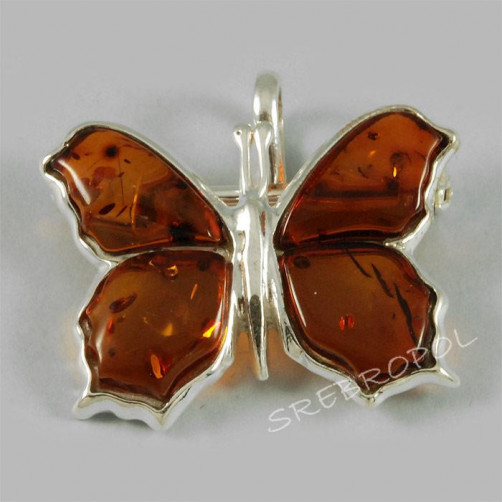 Broszka, wisior srebrny z bursztynem w kształcie motyla BR 86/0