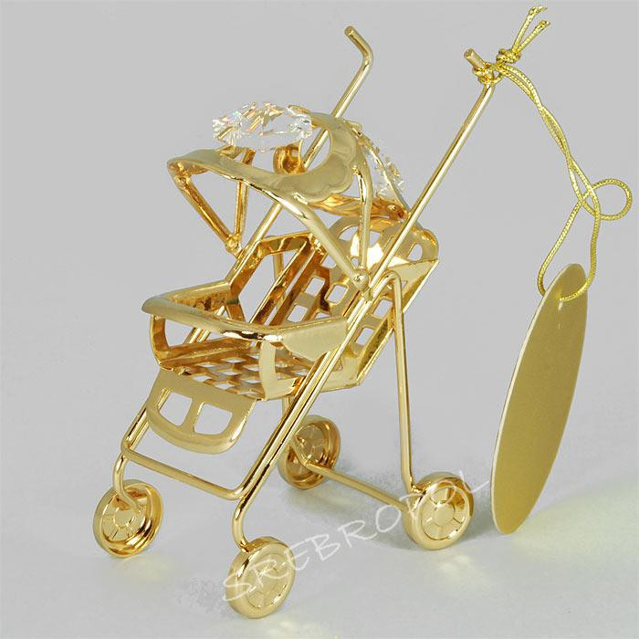 Złota figurka wózek dziecięcy z kryształkami swarovskiego 122-0264