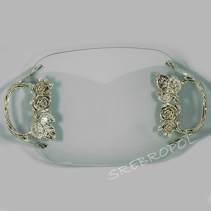 Patera szklana z elementami posrebrzanymi - różyczki 462-2365