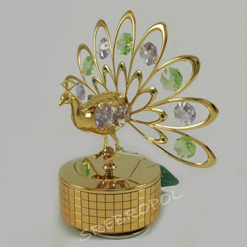 Złota pozytywka paw z kolorowymi kryształkami swarovskiego 366-0056