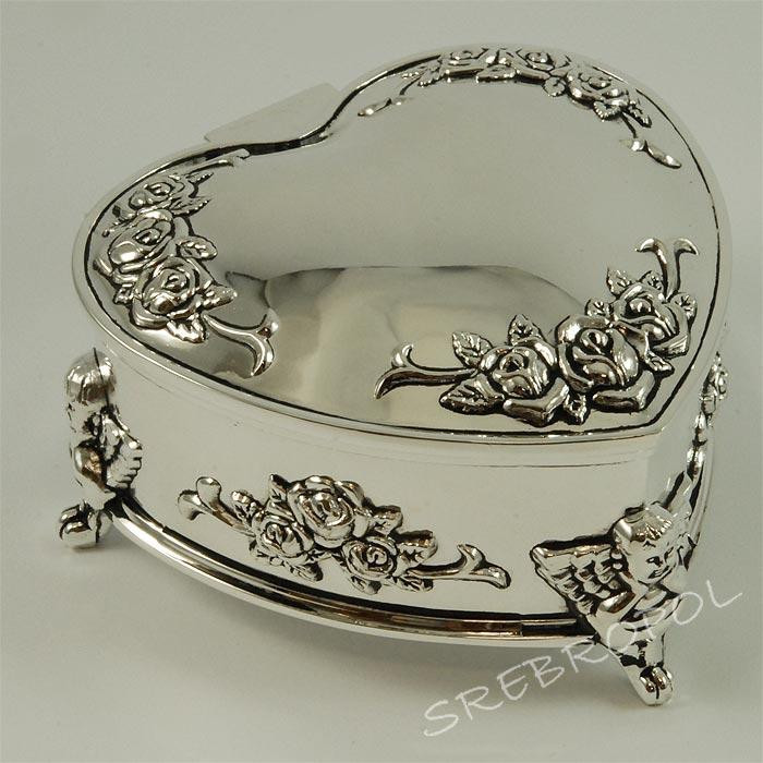 Posrebrzana kasetka, szkatułka na biżuterię w kształcie serca 461-4883