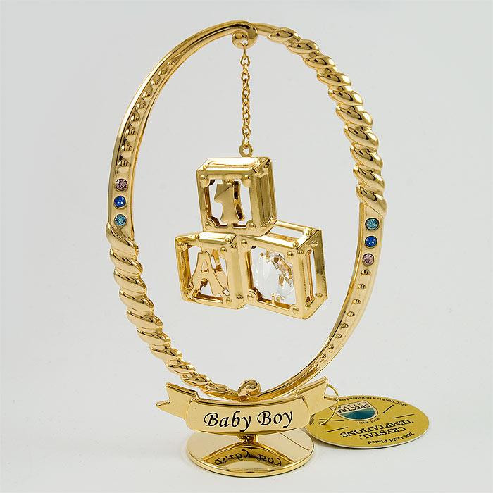 Złota figurka z wiszącymi klockami z kryształkami swarovskiego - dla chłopczyka 122-0304