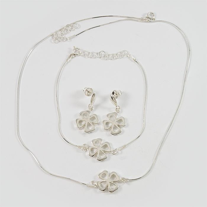 Komplet srebrny koniczynki kolczyki + bransoletka + naszyjnik