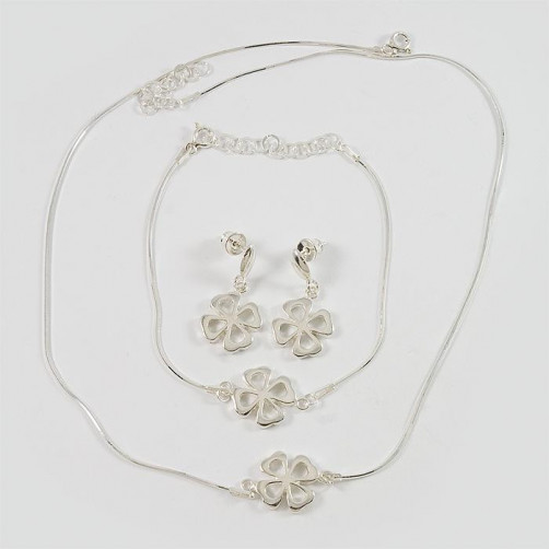 Komplet srebrny koniczynki kolczyki + bransoletka + naszyjnik