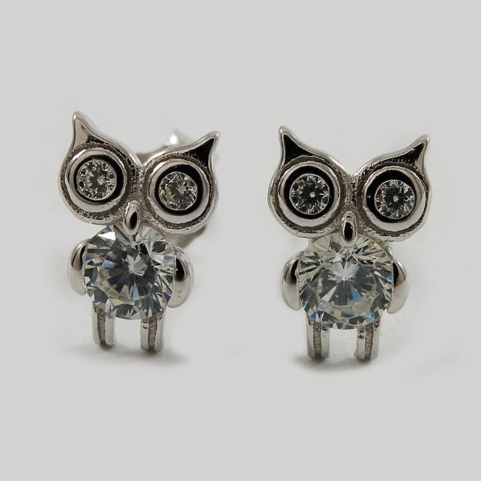 Kolczyki srebrne sowy z cyrkoniami K15/0