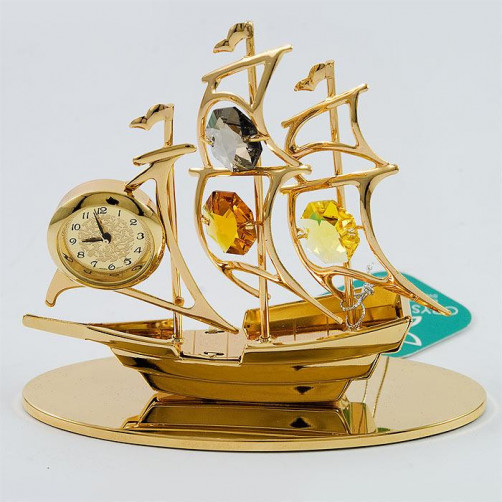 Złota figurka statek z zegarek z kryształkami swarovskiego