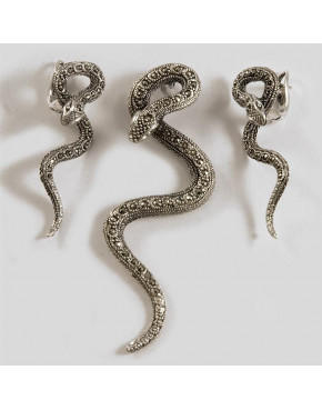 Komplet srebrny wisiorek i kolczyki  z markazytami - węże