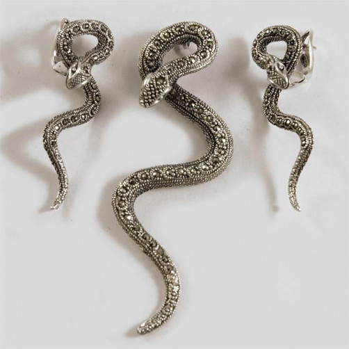 Komplet srebrny wisiorek i kolczyki  z markazytami - węże