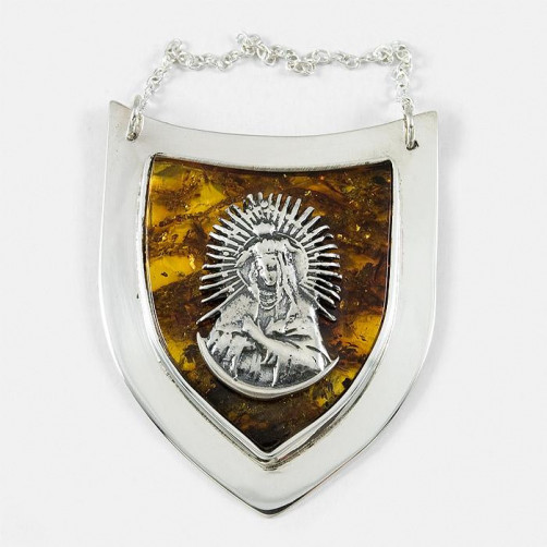 Duży, srebrny ryngraf z bursztynem 150/OP