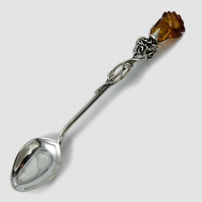Łyżeczka srebrna róża z bursztynem 108/OP