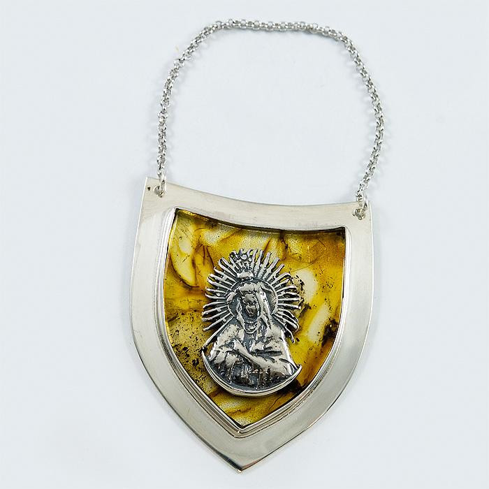 Duży, srebrny ryngraf z bursztynem 129/OP