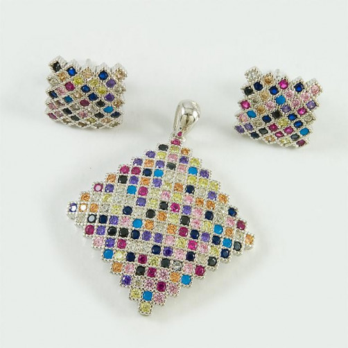 Komplet srebrny wisiorek i kolczyki - kolorowe cyrkonie PW69 KO39