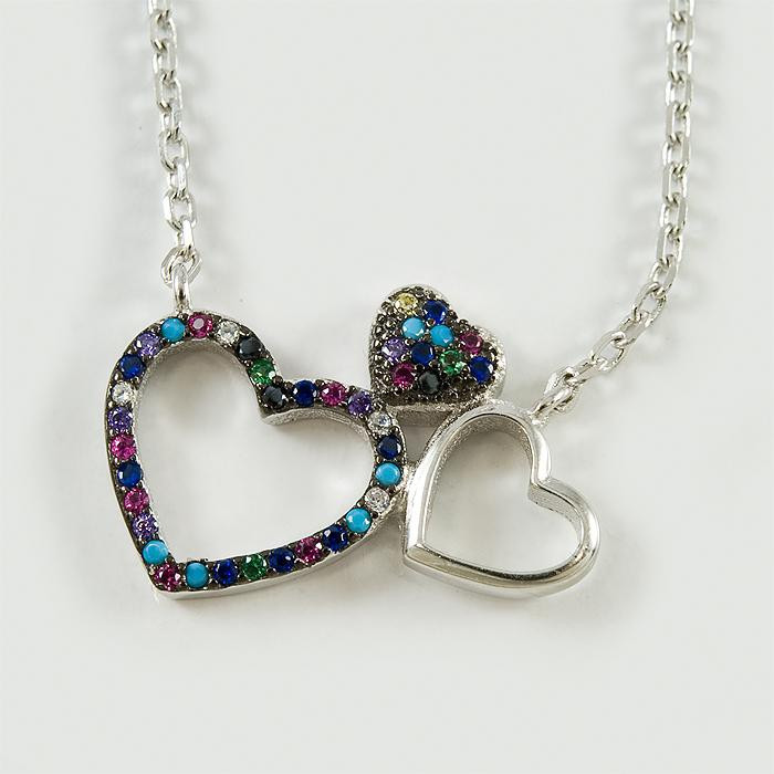 Łańcuszek srebrny z serduszkami - kolorowe cyrkonie KI37