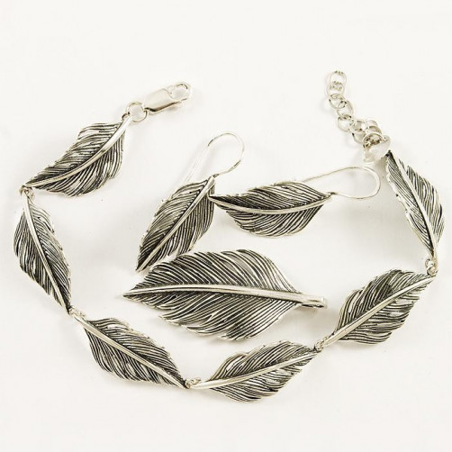 Komplet srebrny liście bransoletka, wisiorek i kolczyki KPL4