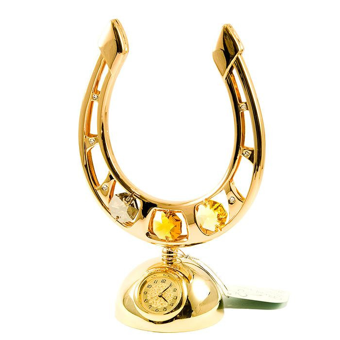 Złota figurka podkowa z zegarem z kryształkami swarovskiego 366-0292