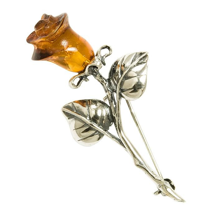 Broszka srebrna róża z bursztynem BRO8