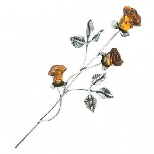 Róża srebrna z brązowym bursztynem RÓŻ5