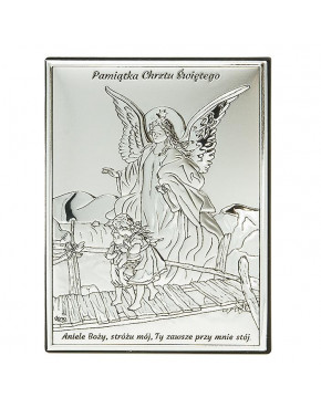 Ikona, obrazek srebrny Anioł stróż na kładce - Pamiątka Chrztu Świętego DS41/1