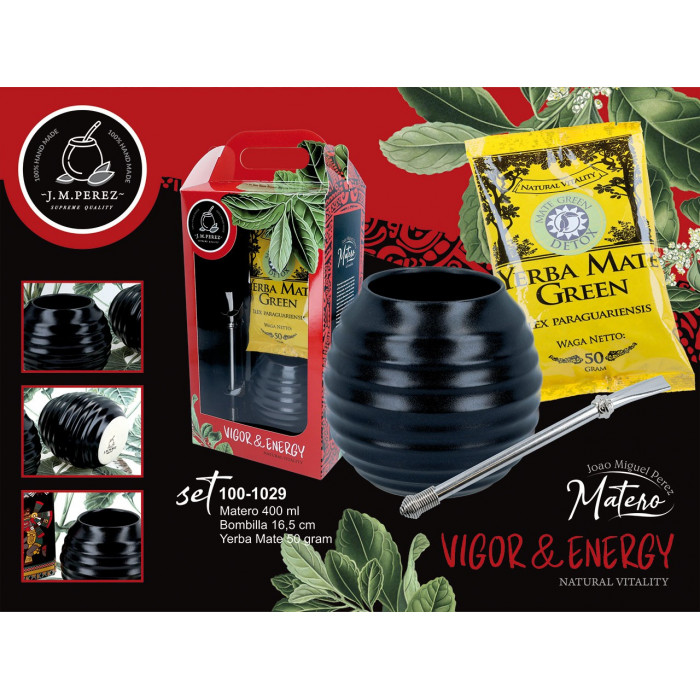 Zestaw do Yerby - Naczynie Ceramiczne (czarne) + bombilla + Yerba Mate Green 50g