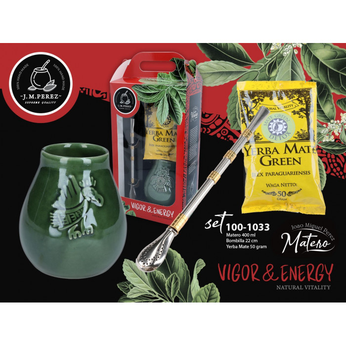 Zestaw do Yerby - Naczynie Ceramiczne zieleń transparentna) + bombilla + Yerba Mate Green 50g