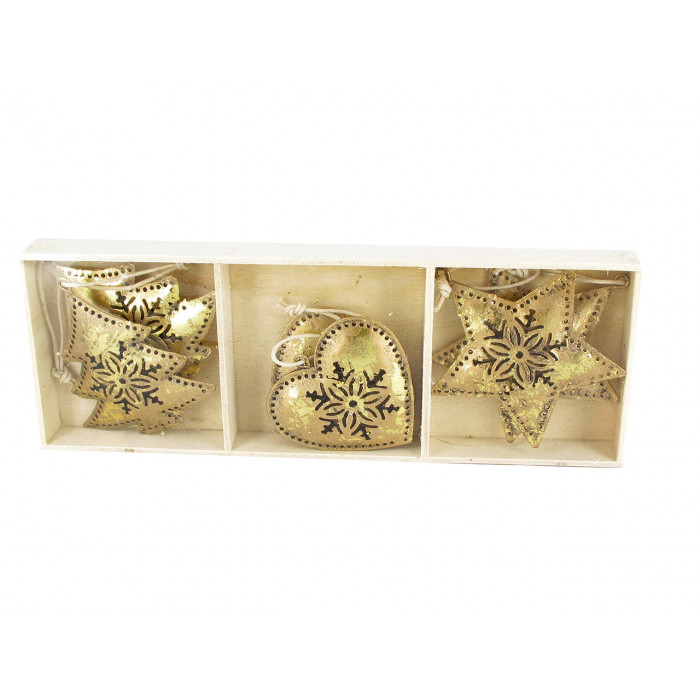 Złote ozdoby choinkowe w drewnianym pudełeczku - metaloplastyka