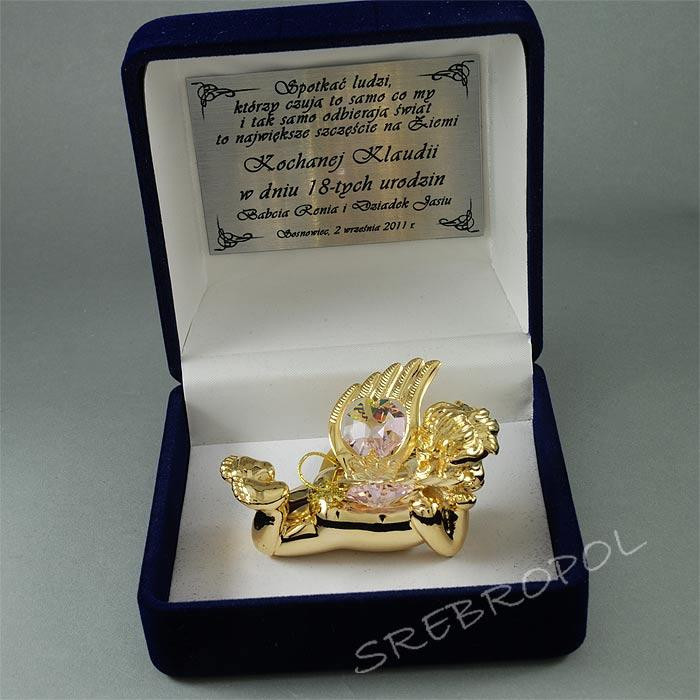 Złota figurka aniołek z kryształkami swarovskiego z grawerem i etui 122-0210