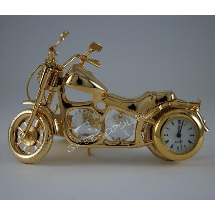 Złota figurka motocykl z zegarkiem z kryształkami swarovskiego