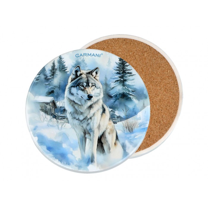 Kpl. 5 podkładka ceramicznych, okrągłych - Zimowe zwierzęta - Wilki (CARMANI) 008-3884