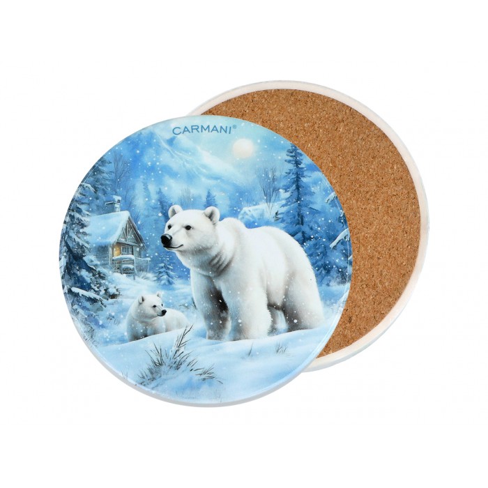 Kpl. 5 podkładka ceramicznych, okrągłych - Zimowe zwierzęta - Niedźwiedzie (CARMANI) 008-3887