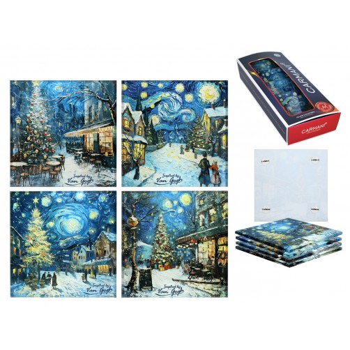 Kpl. 4 podkładek szklanych -  inspirowane malarstwem van Gogha, Świąteczna noc (CARMANI) 195-1021