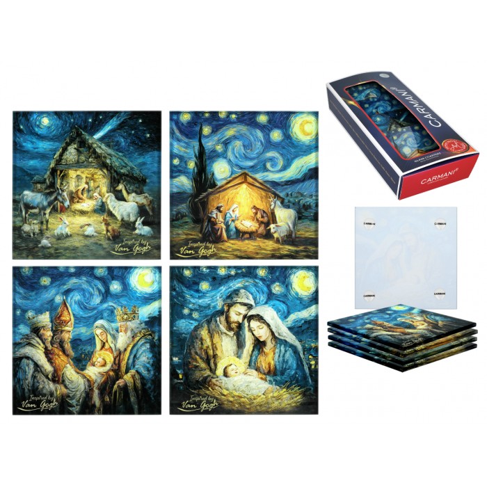 Kpl. 4 podkładek szklanych -  inspirowane malarstwem van Gogha, Boże Narodzenie (CARMANI) 195-1022