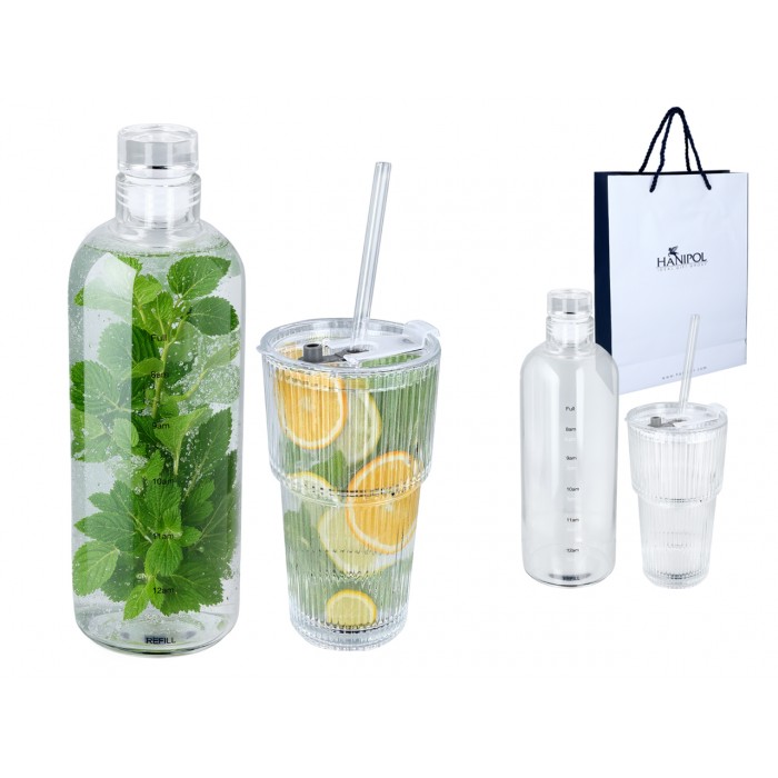 Kpl. Szklanka ze słomką i przykrywką oraz szklana butelka. 889-0202