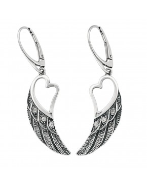 kolczyki srebrne skrzydła z sercem cyrkonie zapięcie angielskie