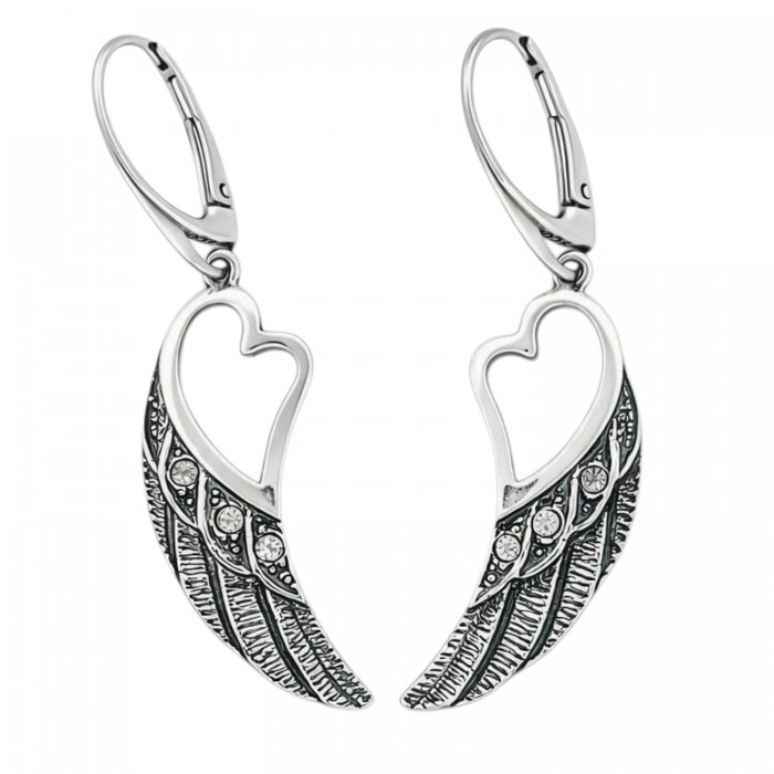 kolczyki srebrne skrzydła z sercem cyrkonie zapięcie angielskie
