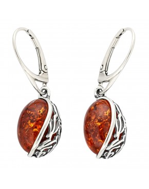 srebrne kolczyki z bursztynem koniakowym z zapięciem angielskim