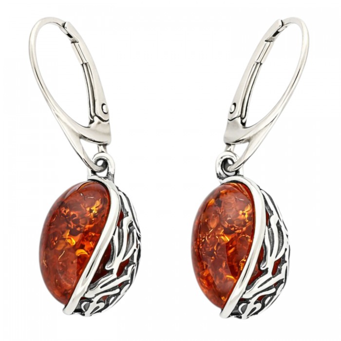 srebrne kolczyki z bursztynem koniakowym z zapięciem angielskim