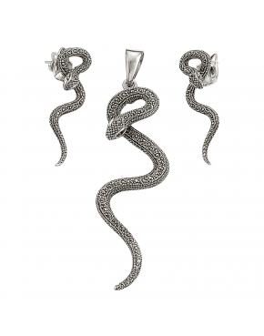 Komplet srebrny wisiorek i kolczyki  z markazytami - węże