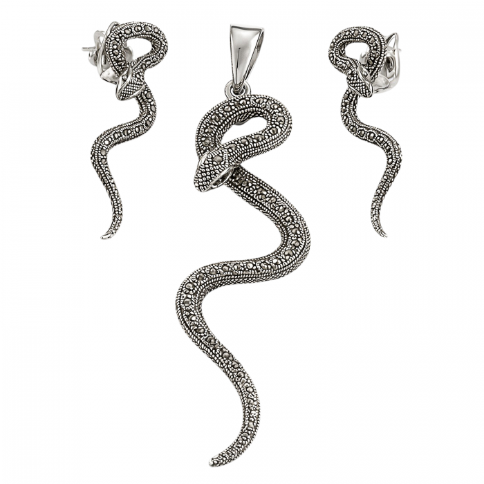 Komplet srebrny wisiorek i kolczyki  z markazytami - węże