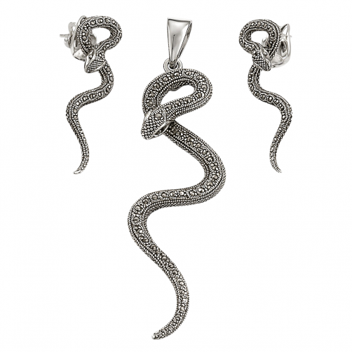 Komplet srebrny wisiorek i kolczyki  z markazytami - węże