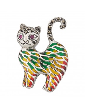 broszka srebrna kot witrażowy z markazytami 925