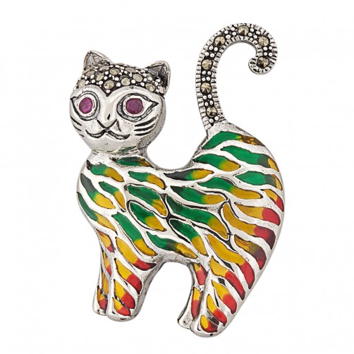 broszka srebrna kot witrażowy z markazytami 925