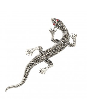 broszka srebrna jaszczurka z markazytami i granatami 925