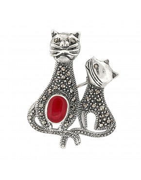 broszka srebrna dwa koty z markazytami 925