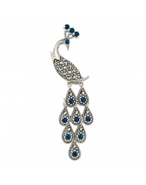 broszka srebrna paw z markazytami i szafirami