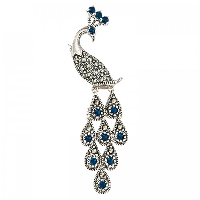 broszka srebrna paw z markazytami i szafirami