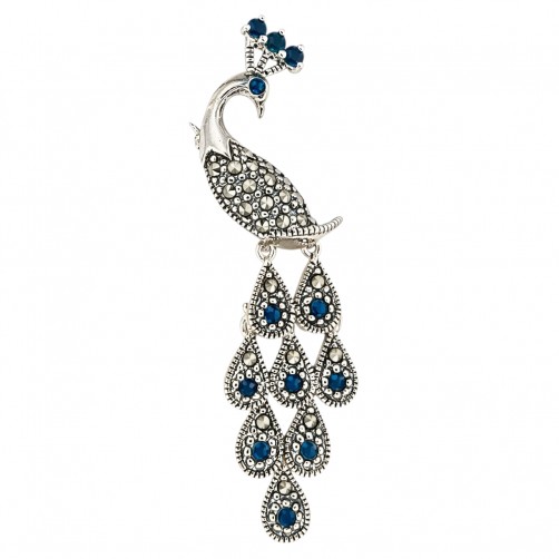 broszka srebrna paw z markazytami i szafirami