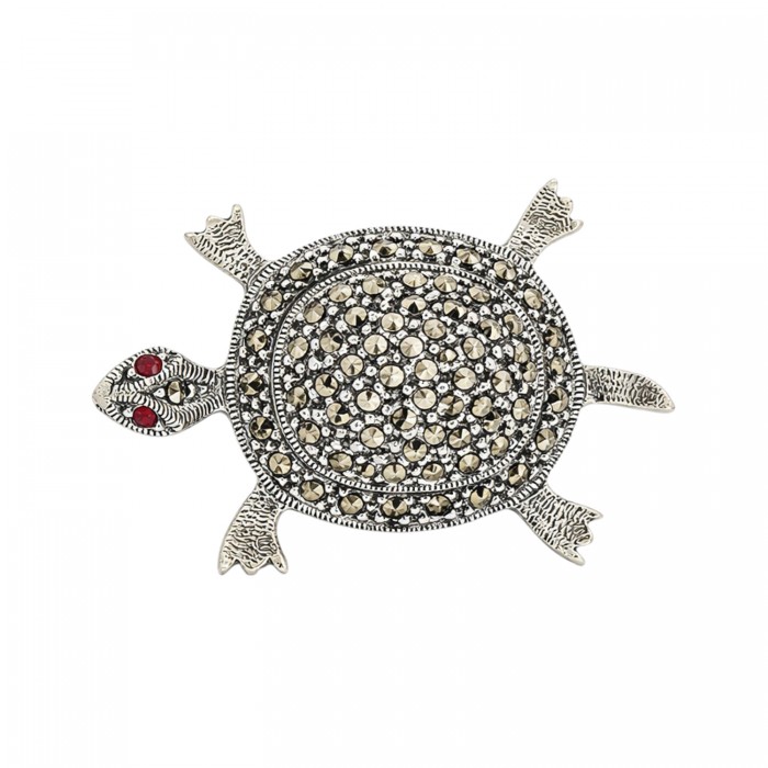 broszka srebrna żółw z markazytami i granatami
