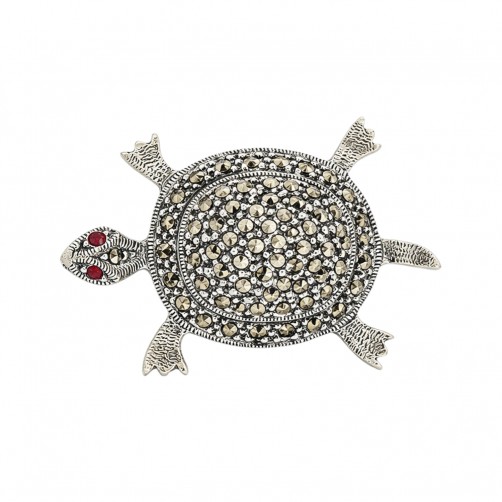 broszka srebrna żółw z markazytami i granatami