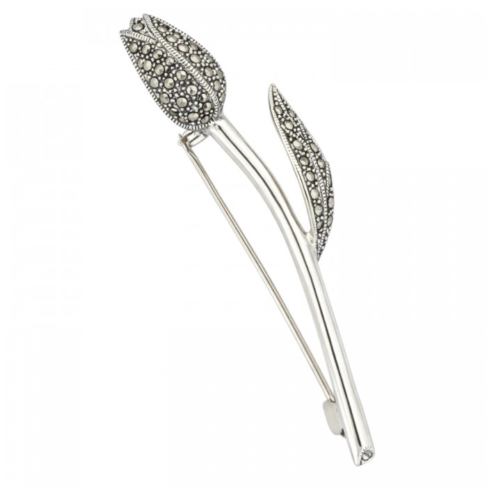 broszka srebrna tulipan z markazytami